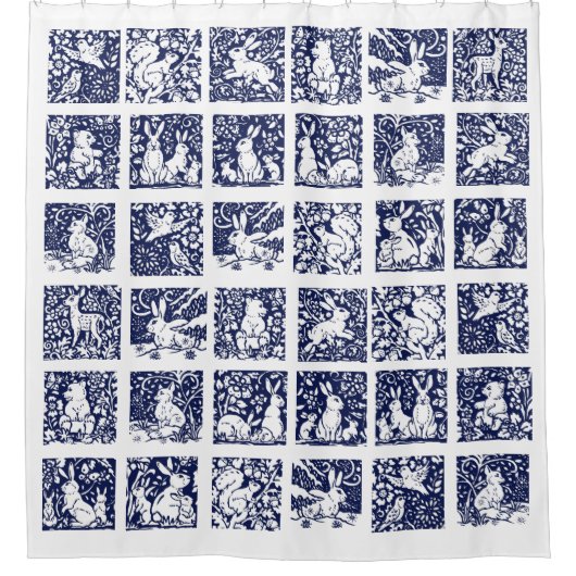 青い白い森林の動物瓦うさぎの熊 シャワーカーテン (正面)