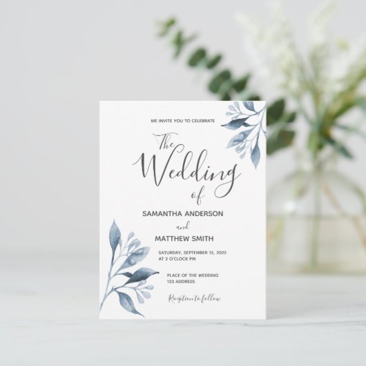 青い白い植物性の葉の結婚式招待状 ポストカード (スタンド正面)