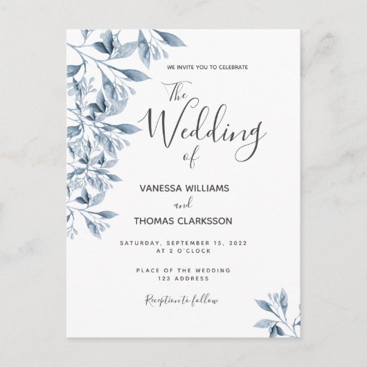 青い白い植物文字の結婚式招待状 ポストカード (正面)