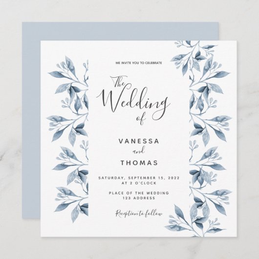 青い白い植物文字結婚の 招待状 (正面/裏面)