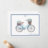 青い白い水彩フローラ自転車のモノグラム名 ノートカード (正面/裏面インサイチュ)