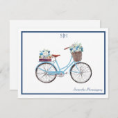 青い白い水彩フローラ自転車のモノグラム名 ノートカード (正面/裏面)