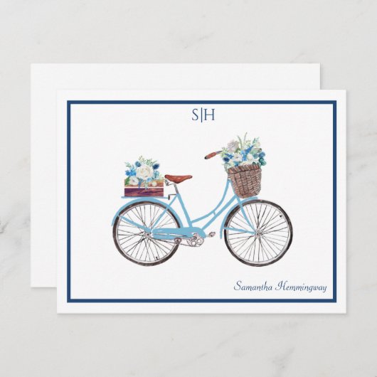 青い白い水彩フローラ自転車のモノグラム名 ノートカード (正面/裏面)