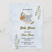 青い白い水彩衣装ベビーシャワー 招待状 (正面/裏面)