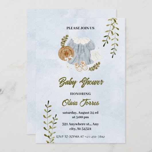青い白い水彩衣装ベビーシャワー 招待状 (正面/裏面)