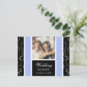 青い白い水玉模様結婚式の日付写真Aを保存 案内ポストカード (スタンド正面)