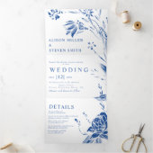 青い白い線のアートフラワーフォト結婚ズ 三つ折り招待状 (内部)