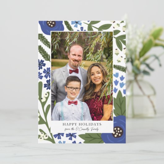青い白い花と果実ハッピーホリデーズフォト シーズンカード (スタンド正面)