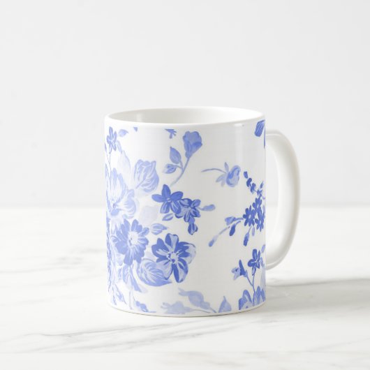 青い白い花の中国のイニシャルのカスタマイズ可能な側面 コーヒーマグカップ (正面右)