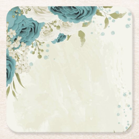 青い白い花の緑結婚色 スクエアペーパーコースター (正面)