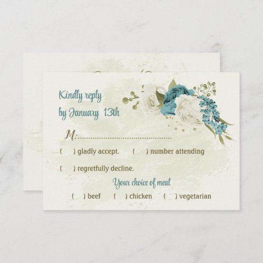 青い白い花の緑結婚色 出欠カード (正面/裏面)