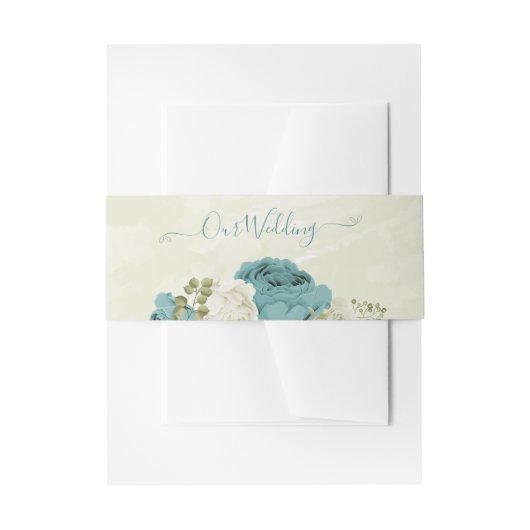 青い白い花の緑結婚色 招待状ベリーバンド (正面例)