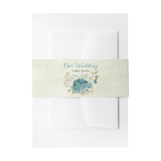 青い白い花の緑結婚色 招待状ベリーバンド (正面例)