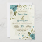 青い白い花の緑結婚色 招待状 (正面)