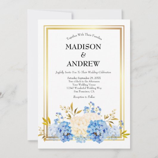 青い白い花の金ゴールドフレームエレガントな結婚式 招待状 (正面)