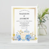 青い白い花の金ゴールドフレームエレガントな結婚式 招待状 (スタンド正面)