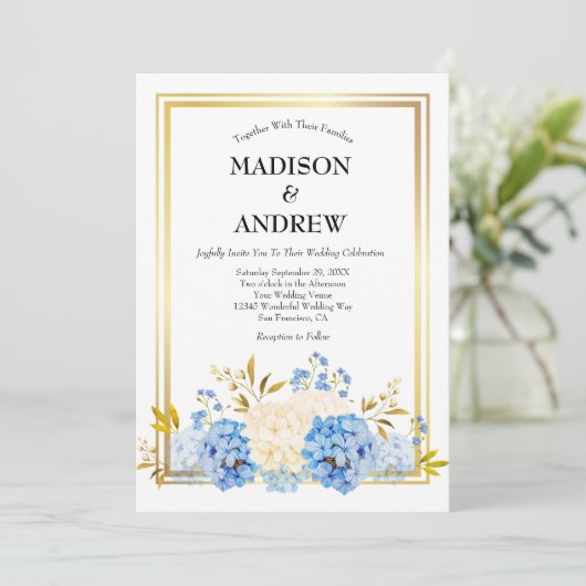 青い白い花の金ゴールドフレームエレガントな結婚式 招待状 (スタンド正面)