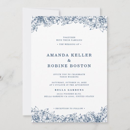 青い白い花エレガントシンプルの結婚 招待状 (正面)