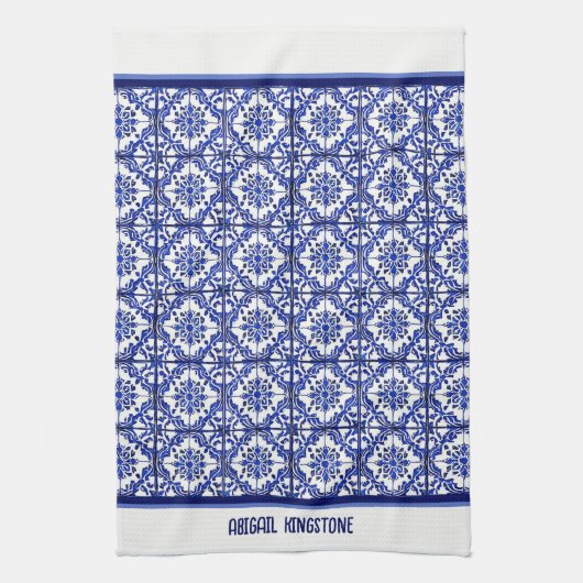 青い白い花地中海のインスパイア柄 キッチンタオル (縦)