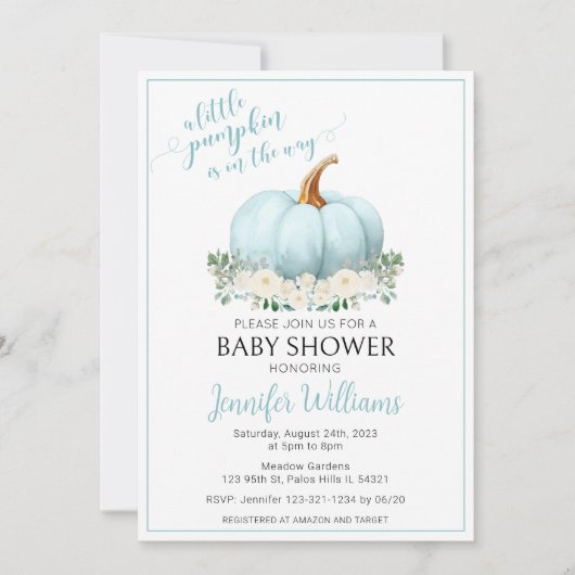 青い白い花小さなかぼちゃの男の赤ちゃんシャワー 招待状 (正面)