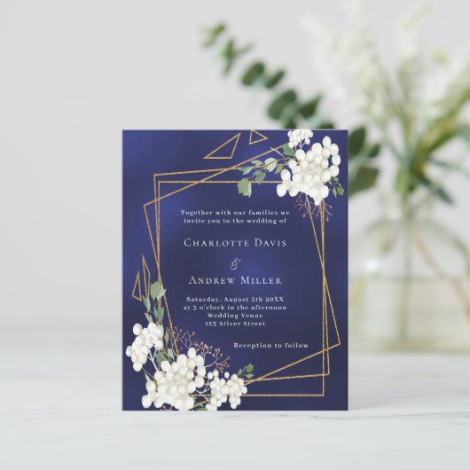 青い白い花模様幾何学的結婚式招待状 (スタンド正面)