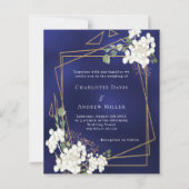 青い白い花模様幾何学的結婚式招待状 (正面)