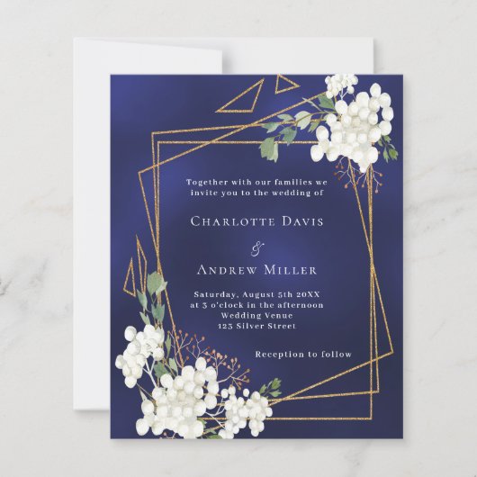 青い白い花模様幾何学的結婚式招待状 (正面)