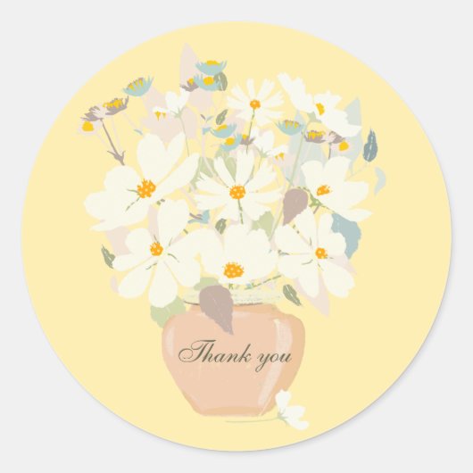 青い白い花花花束桃花瓶ありがとう ラウンドシール (正面)