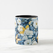 青い白い花蝶シームレス背景 マグカップ (中央)