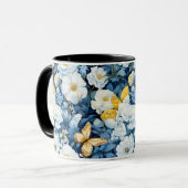 青い白い花蝶シームレス背景 マグカップ (正面左)