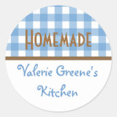 青い白い茶色のギンガム自家製の食品ラベルシール ラウンドシール (正面)
