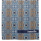 青い白い茶色のロフトスタイルセラミックタイルパターン シャワーカーテン (正面)