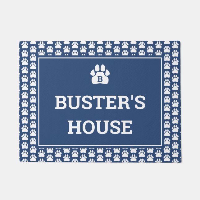 青い白い足の印字犬名 ドアマット (正面)