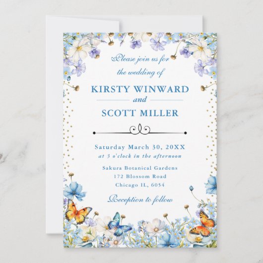 青い白い野の花と蝶結婚の 招待状 (正面)