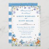 青い白い野の花と蝶結婚の 招待状 (正面/裏面)