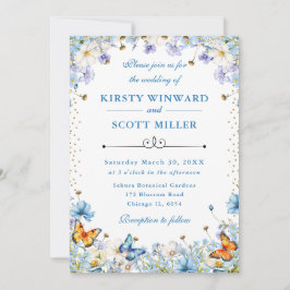 青い白い野の花と蝶結婚の 招待状