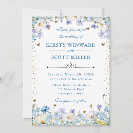 青い白い野忘れ花私の結婚鼻 招待状 (正面)