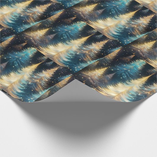 青い白い金ゴールドの木のモダンクリスマス ラッピングペーパー (角)