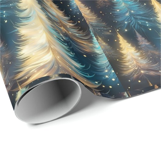 青い白い金ゴールドの木のモダンクリスマス ラッピングペーパー (ロールコーナー)
