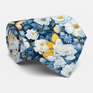 青い白い金ゴールドの花と蝶 ネクタイ