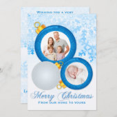 青い白い金ゴールドオーナメントクリスマスフォトカード シーズンカード (正面/裏面)