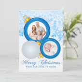 青い白い金ゴールドオーナメントクリスマスフォトカード シーズンカード (スタンド正面)