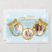 青い白い金ゴールドオーナメントクリスマスフォトカード シーズンカード (正面)