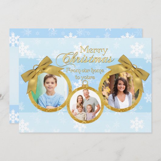 青い白い金ゴールドオーナメントクリスマスフォトカード シーズンカード (正面/裏面)