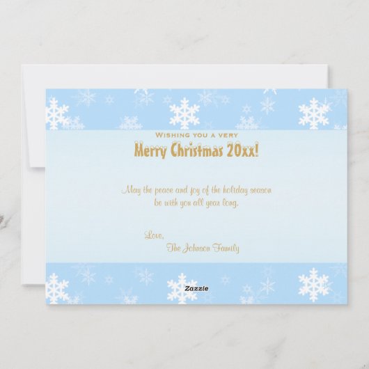 青い白い金ゴールドオーナメントクリスマスフォトカード シーズンカード (裏面)