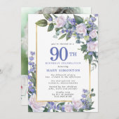 青い白い金ゴールドフローラ写真90誕生日 招待状 (正面/裏面)