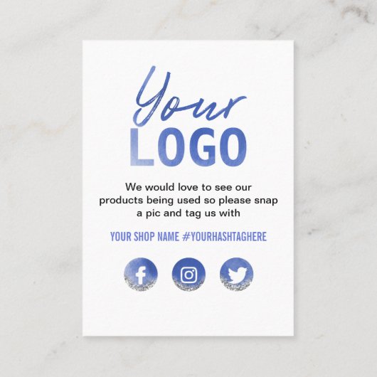 青い白い銀色のグリッターロゴソーシャルメディア 名刺 (裏面)