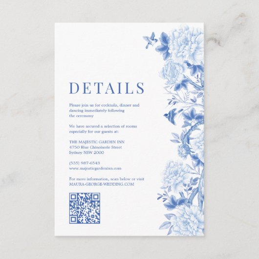 青い白い陶器の結婚詳細 エンクロージャーカード (正面)