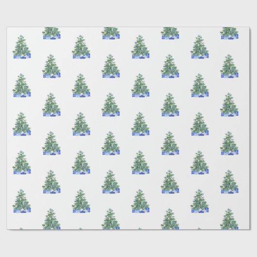 青い白い陶器クリスマスツリーの贈り物 ラッピングペーパー (フラット)