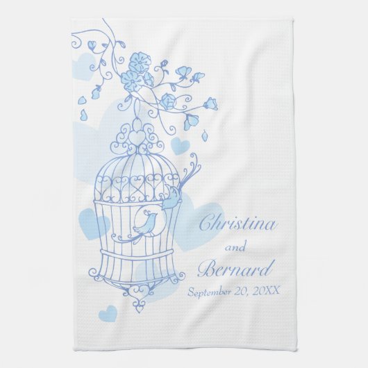 青い白い鳥結婚の台所用タオル キッチンタオル (縦)